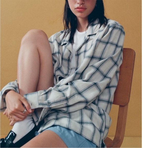 Urban Outfitters Men’s Standard Cloth Flannel Collar Shirt Cream Plaid New Small - Picture 14 of 15